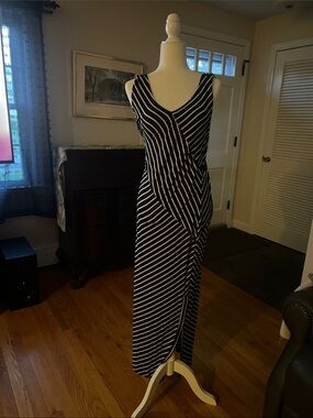 Nina Leonard Black & White Striped V-Neck Maxi Dress